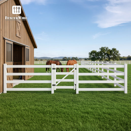 2-Rail Vinyl Ranch Fence Kit with 3ft H x 4ft W Gate, 5ft Posts & 8ft Rails, Multiple Options
