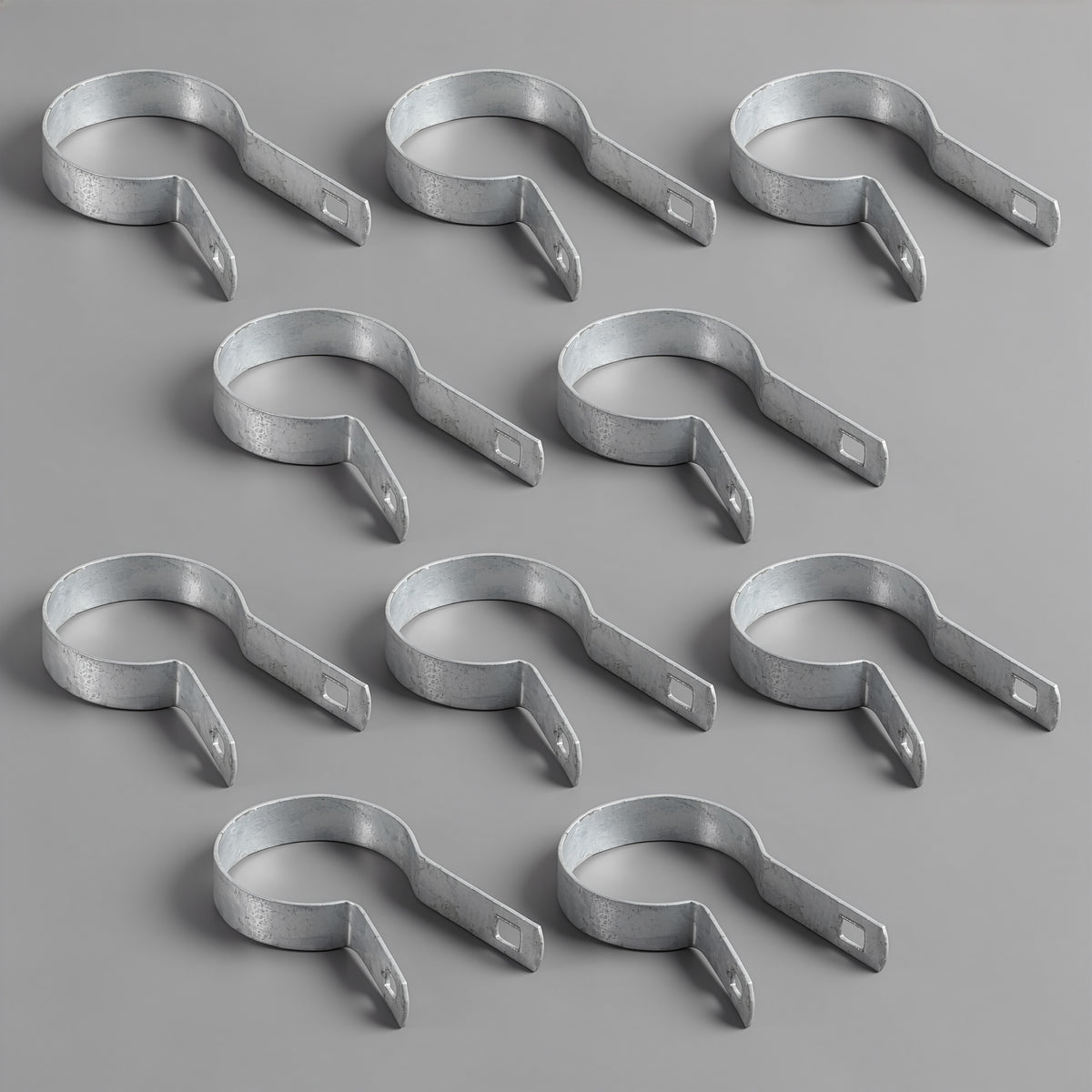 Banda de tensión galvanizada plateada para poste de 2-3/8" de diámetro exterior con perno y tuerca, multiopciones