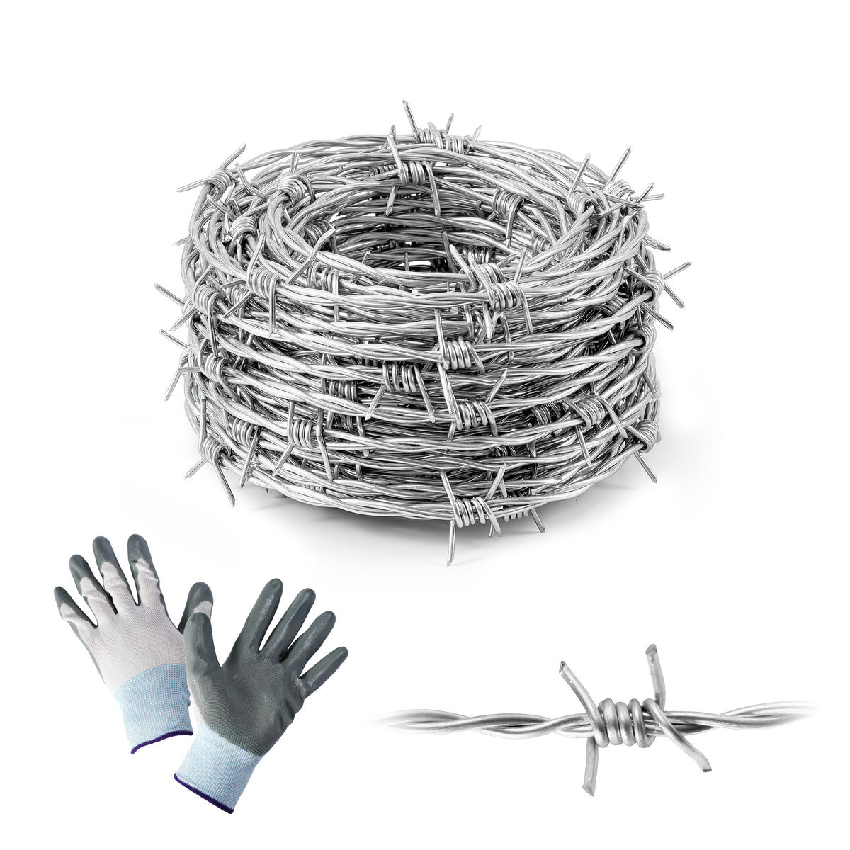 4 Point Barbed Wire with Gloves, 15 Gauge Galvanized Barb Craft Wire for Fencing, Crafts, Critter Deterrent, Yard and Garden