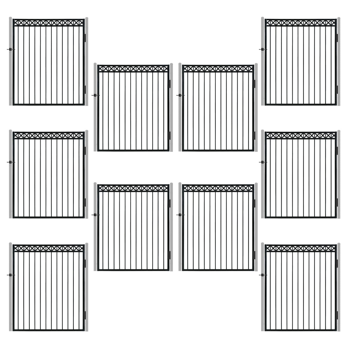 Puerta de verja de 1.83 m de alto x 1.52 m de ancho, de alta resistencia, con parte superior plana, patrón en X, con cierre, varias opciones