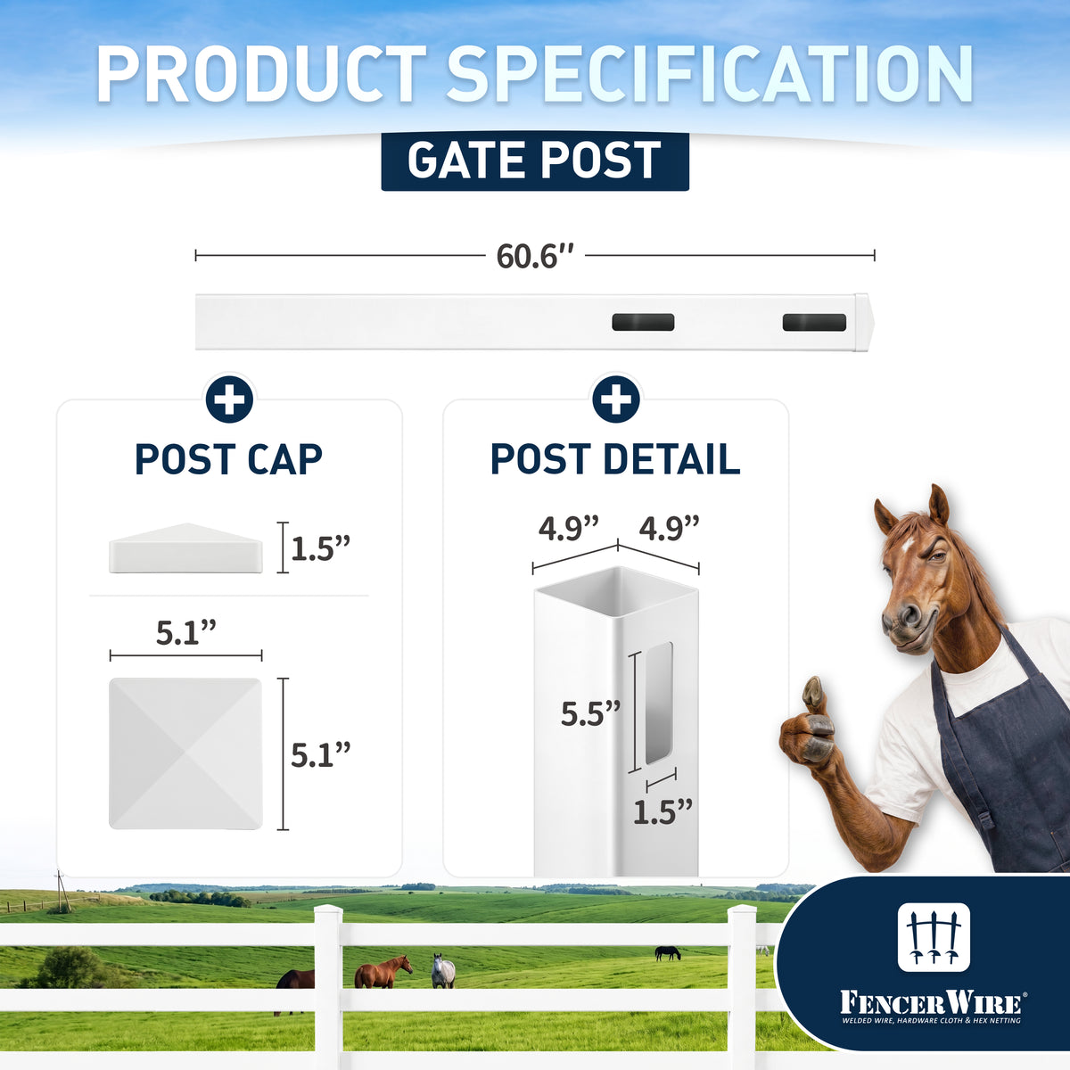 Vinyl Ranch Gate Post with Aluminum Core and Post Cap, Multiple Options