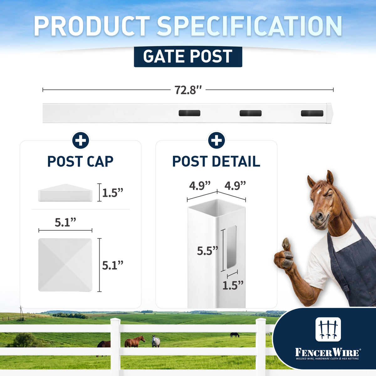 Vinyl Ranch Gate Post with Aluminum Core and Post Cap, Multiple Options