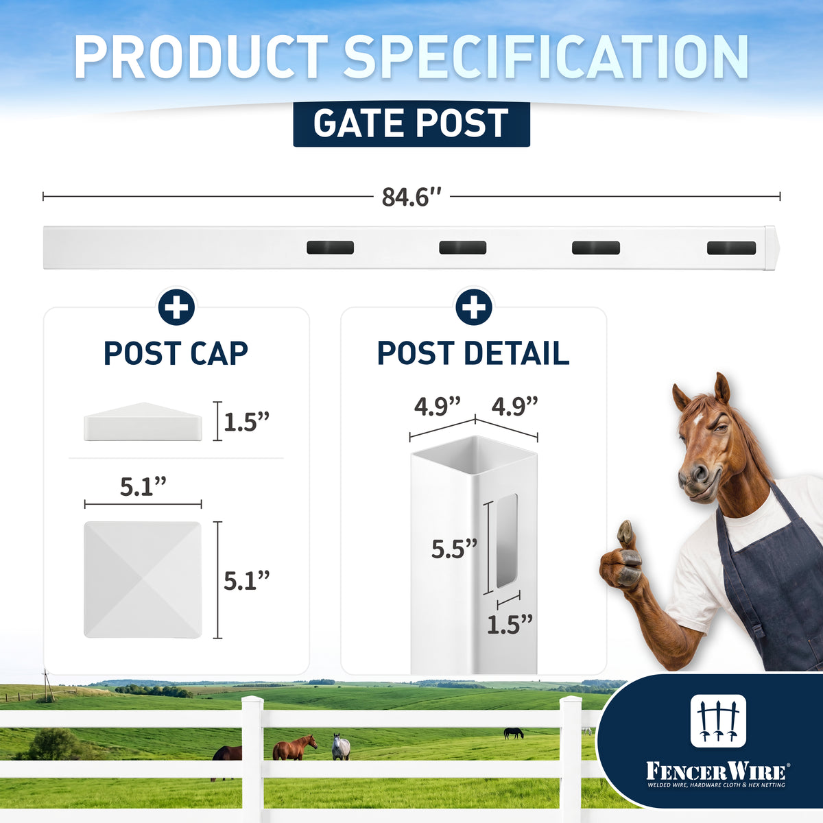 Vinyl Ranch Gate Post with Aluminum Core and Post Cap, Multiple Options