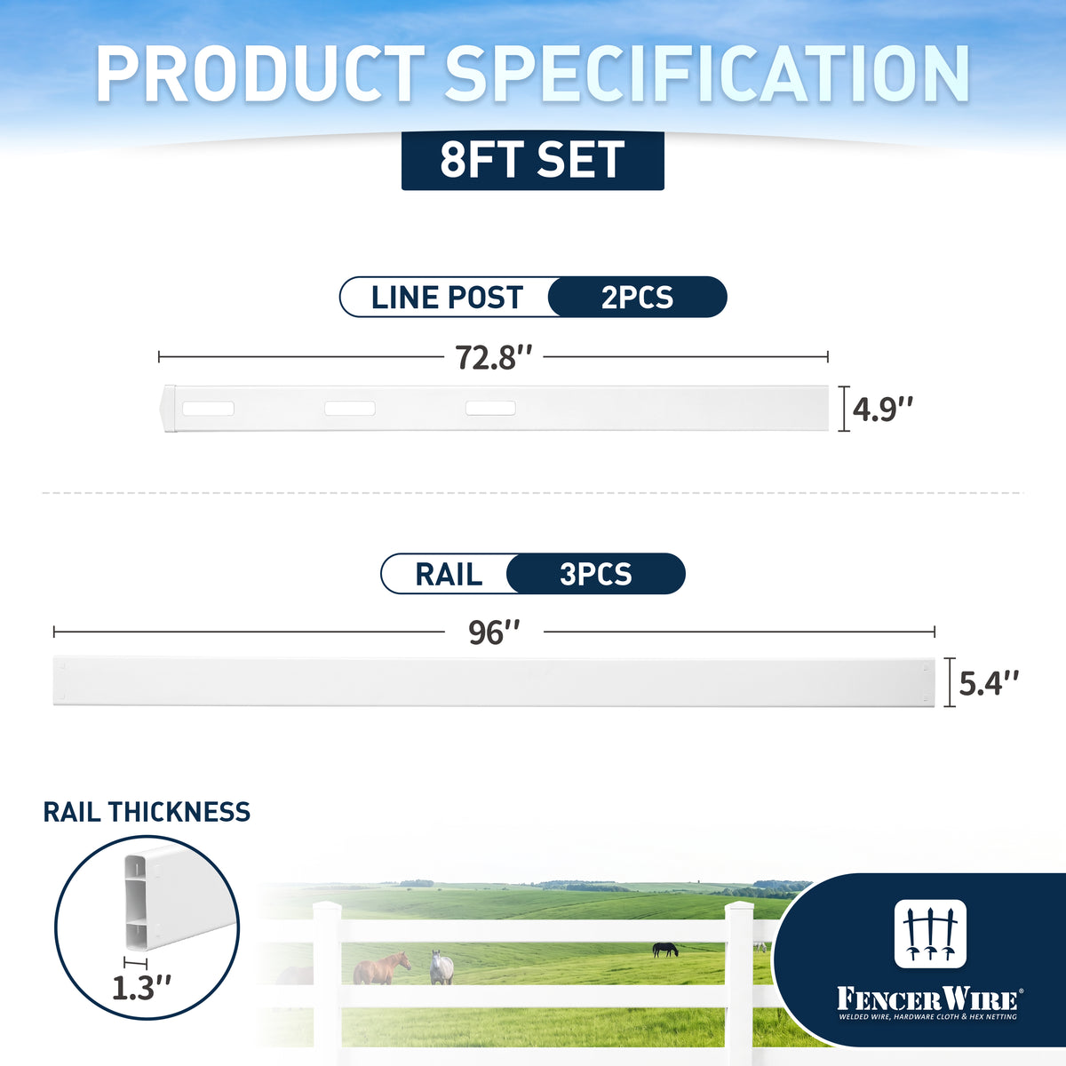 3-Rail Vinyl Ranch Fence Kit with 6ft Posts and 8ft Rails, Multiple Options