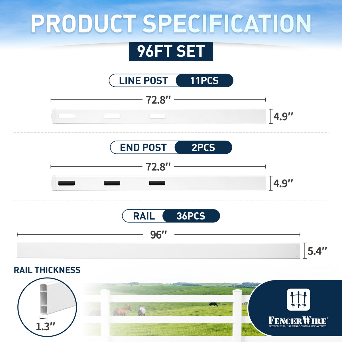3-Rail Vinyl Ranch Fence Kit with 6ft Posts and 8ft Rails, Multiple Options