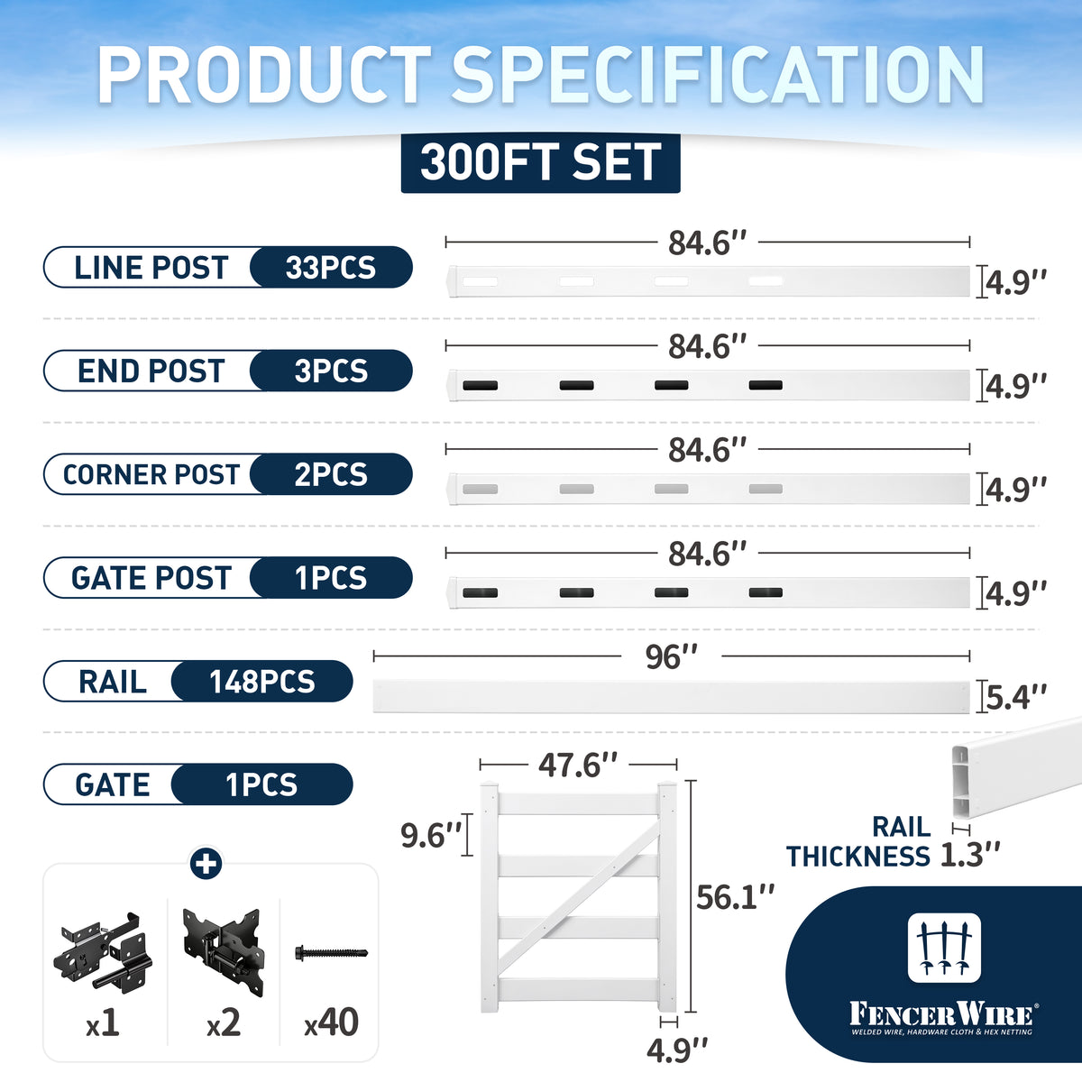 4-Rail Vinyl Ranch Fence Kit with 5ft H x 4ft W Gate, 7ft Posts & 8ft Rails, Multiple Options