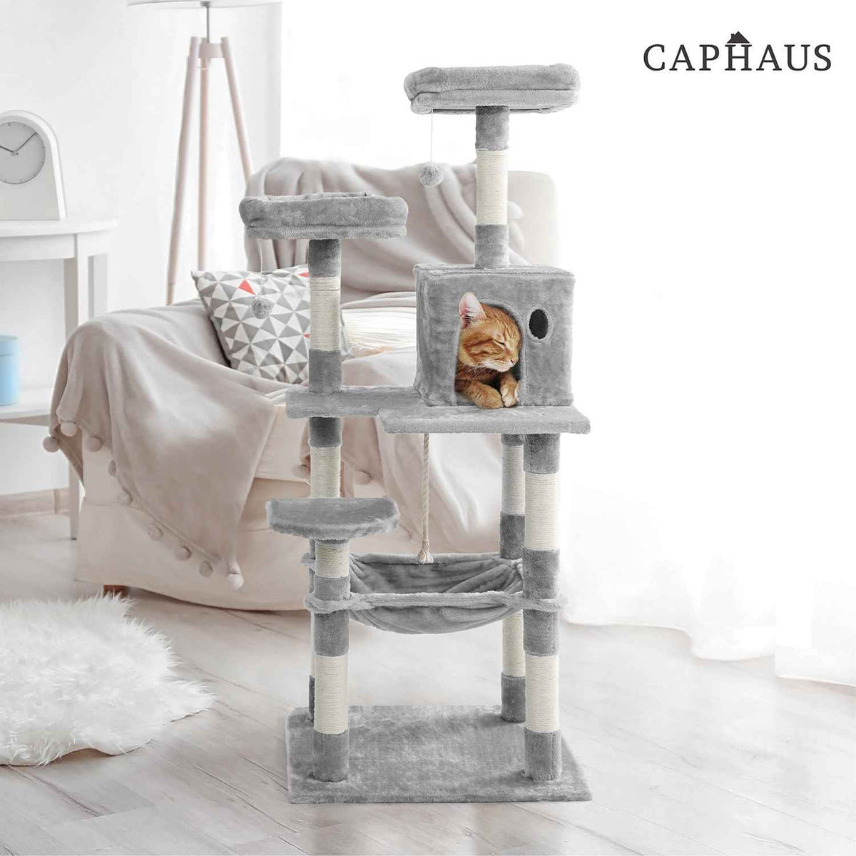 58 in. Light Grey Cat Tower for Indoor Cats, Multi-Level Cat Activity Tree with Scratching Posts, Basket, Cave Condo