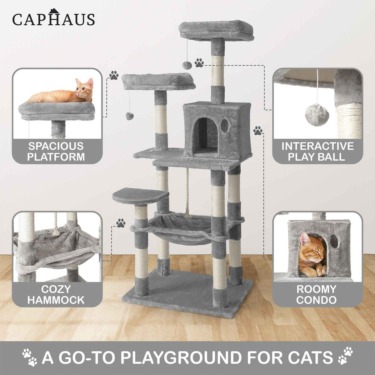 58 in. Light Grey Cat Tower for Indoor Cats, Multi-Level Cat Activity Tree with Scratching Posts, Basket, Cave Condo