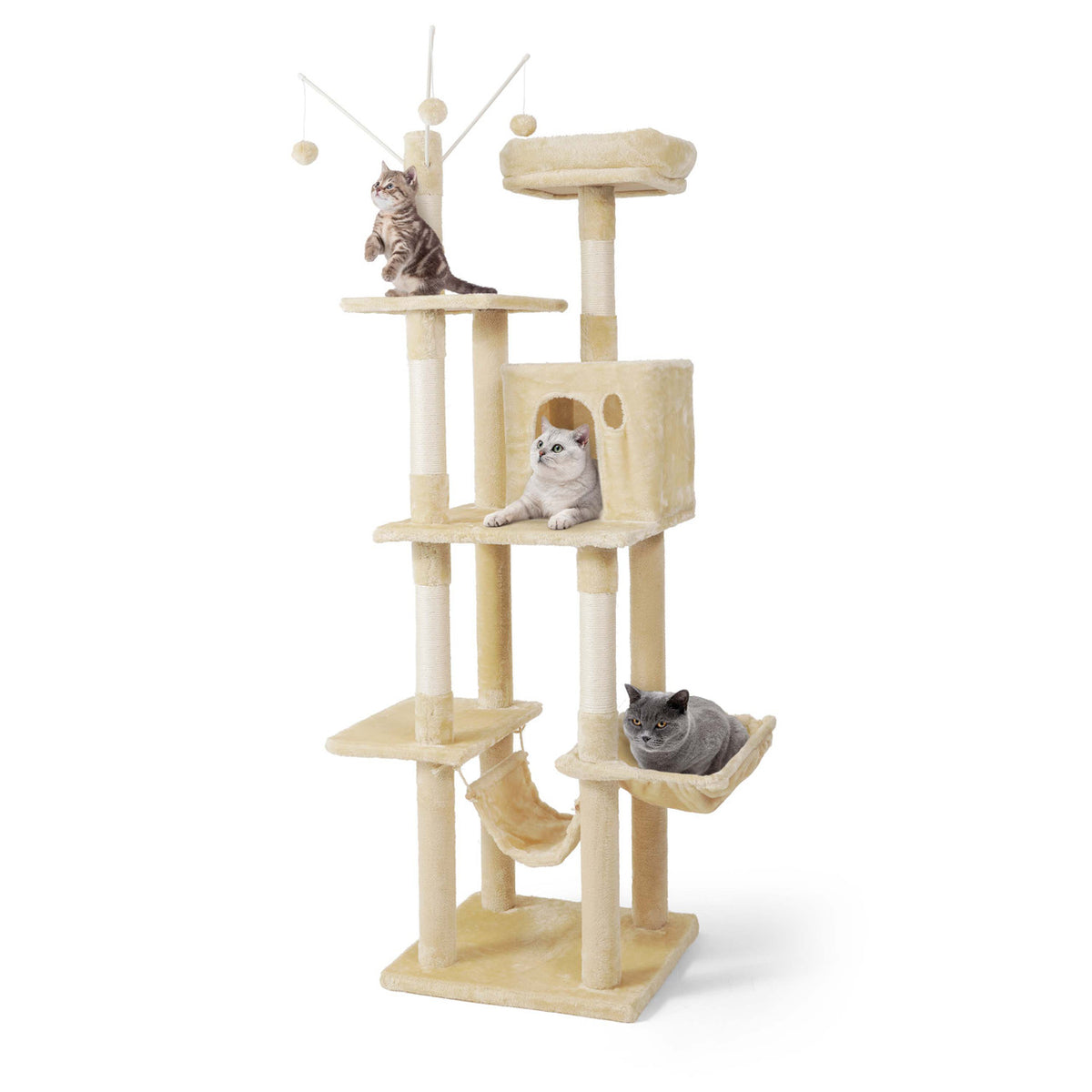 70 in. Beige Cat Tower for Indoor Cats, Multi-Level Cat Activity Tree with Scratching Posts, Basket, Cave Condo