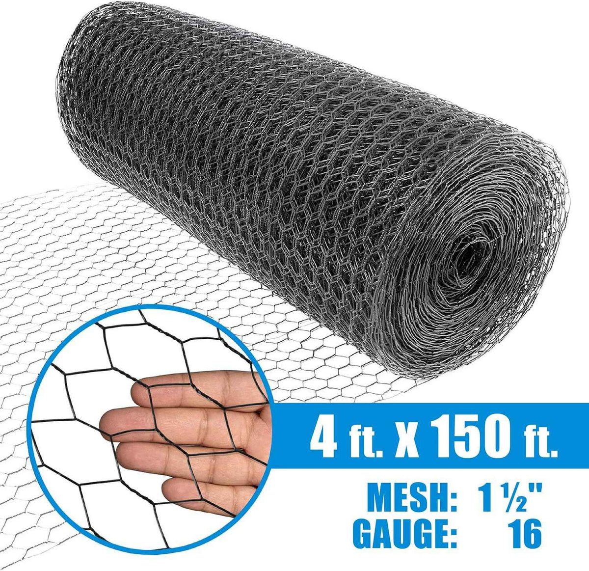 16 Gauge Black Vinyl Coated Hex / Poultry Netting Mesh 1.5" (4 ft. x 150 ft.)