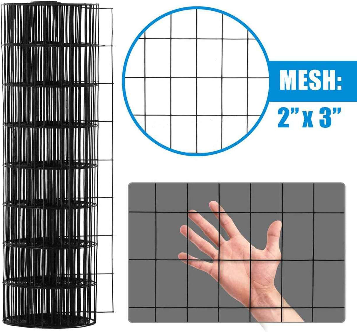 16 Gauge Black Vinyl Coated Welded Wire Mesh Size 2 inch by 3 inch, Multiple Size Options