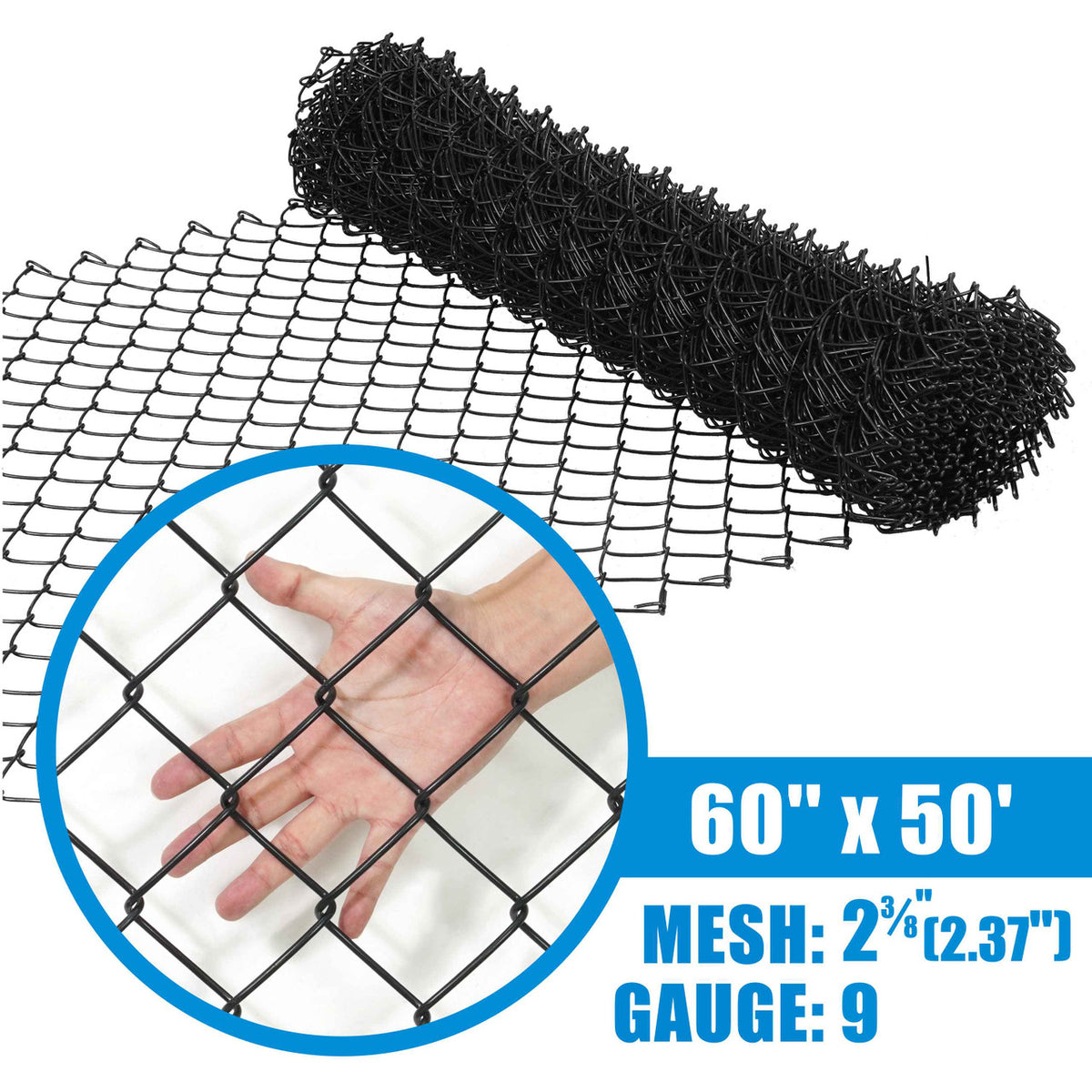 9 Gauge Black Vinyl Coated Galvanized Steel Chain Link Fence Fabric, Diamond Mesh Size 2-3/8 Inch, Multiple Options