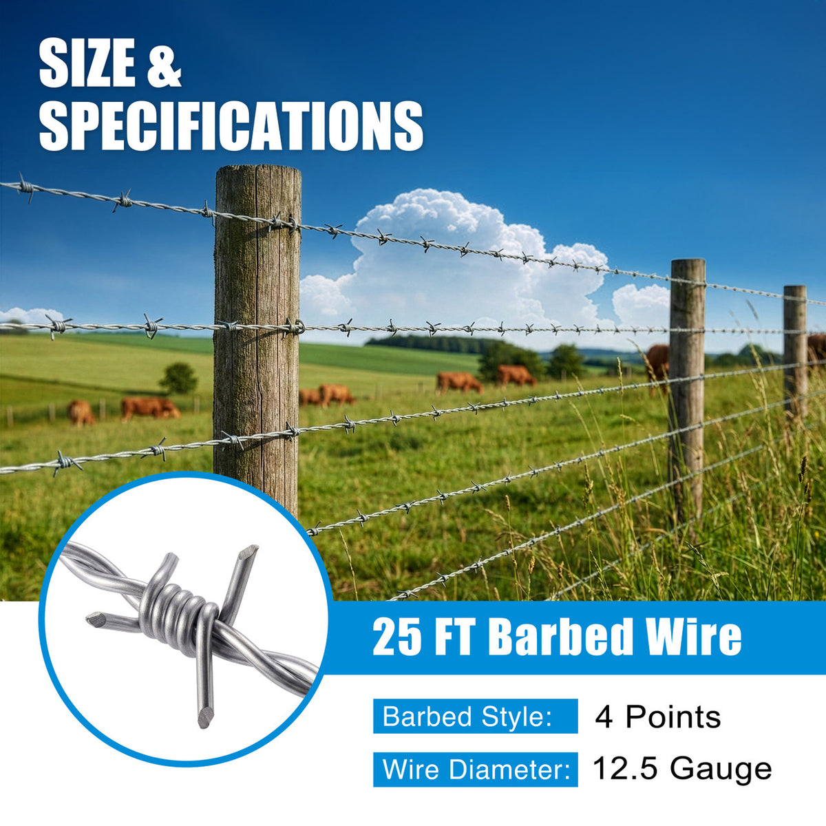 12.5 Gauge 4 Point Galvanized Barbed Wire Fencing with Gloves, Multiple Options