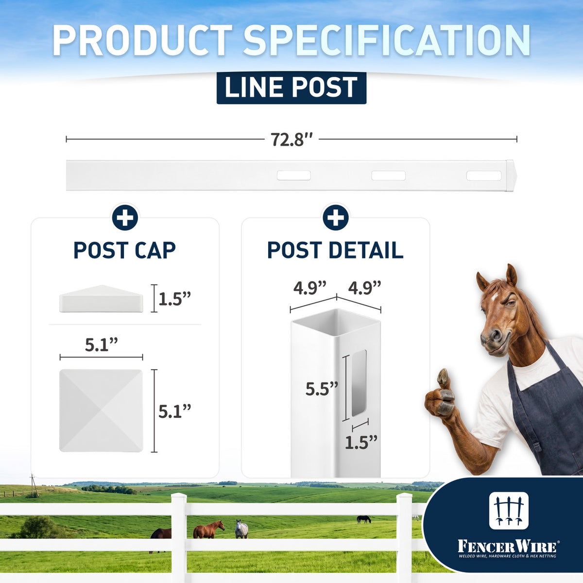 6ft Vinyl Ranch Line Post with Cap, Multiple Options
