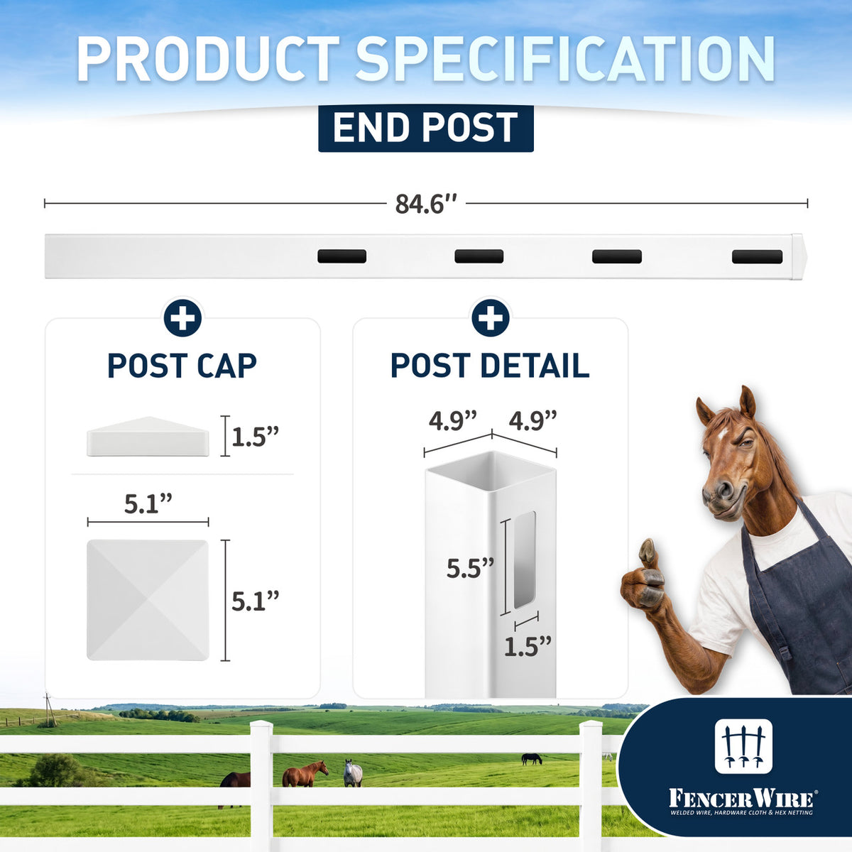 7ft Vinyl Ranch End Post with Cap, Multiple Options