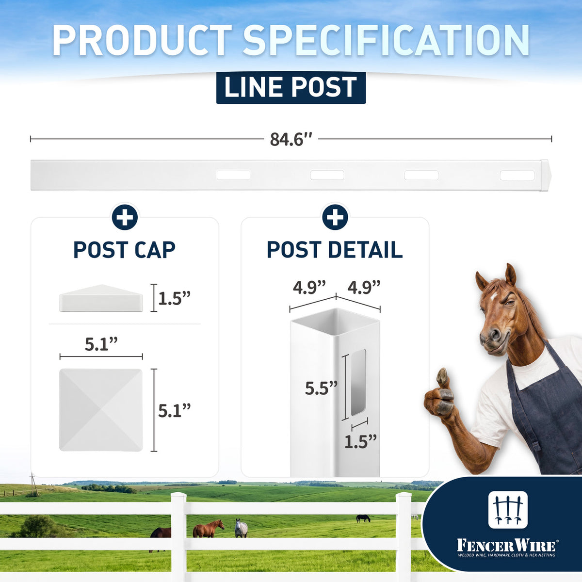 7ft Vinyl Ranch Line Post with Cap, Multiple Options