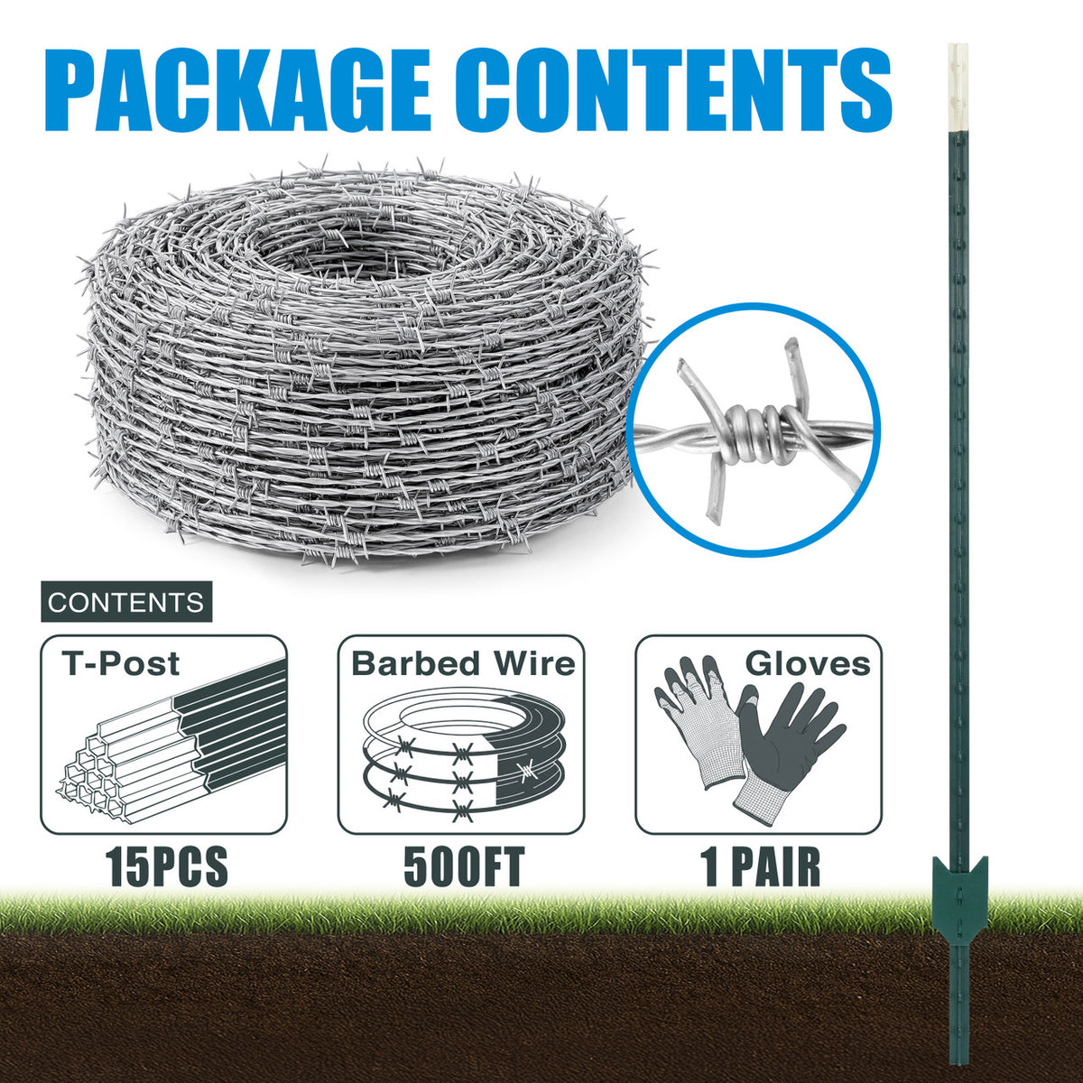 15-Gauge 500 FT Galvanized 4-Point Barbed Wire with 15 pcs 7 ft T-Posts and Gloves