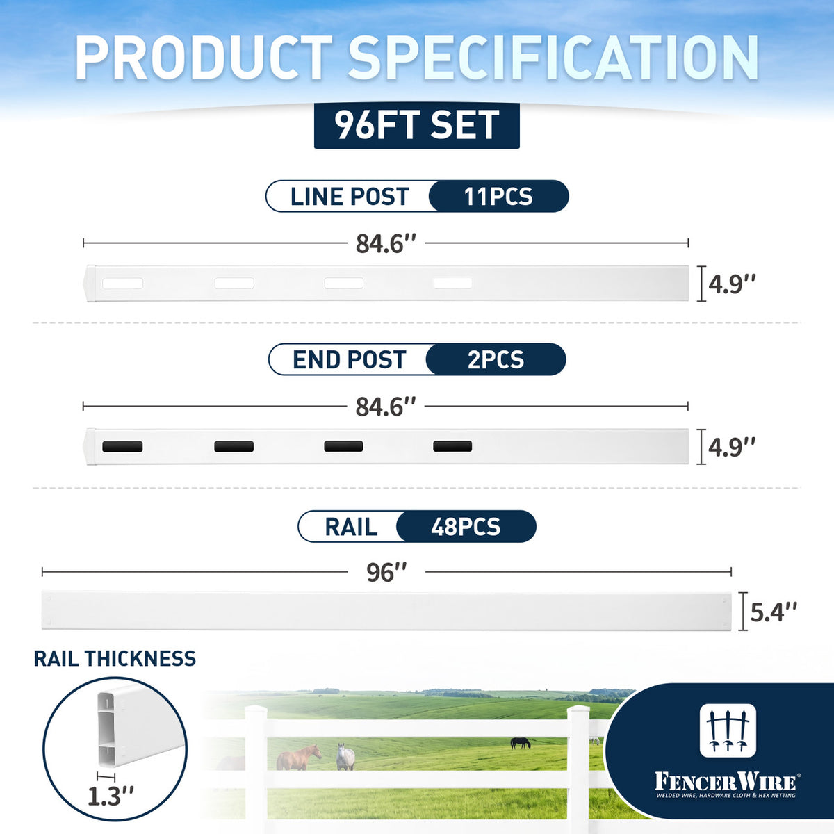 4-Rail Vinyl Ranch Fence Kit with 7ft Posts and 8ft Rails, Multiple Options
