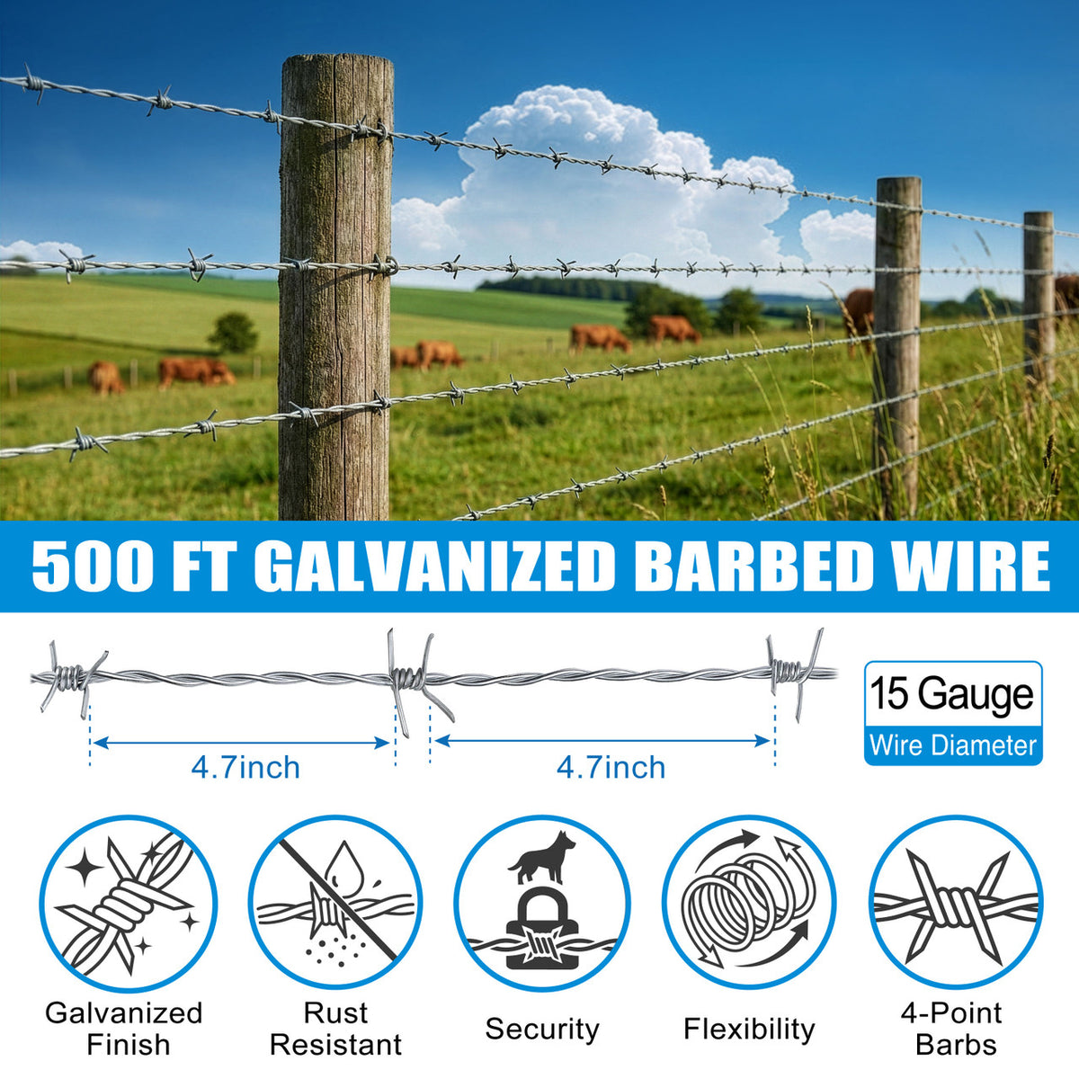 15-Gauge 500 FT Galvanized 4-Point Barbed Wire with 15 pcs 7 ft T-Posts and Gloves