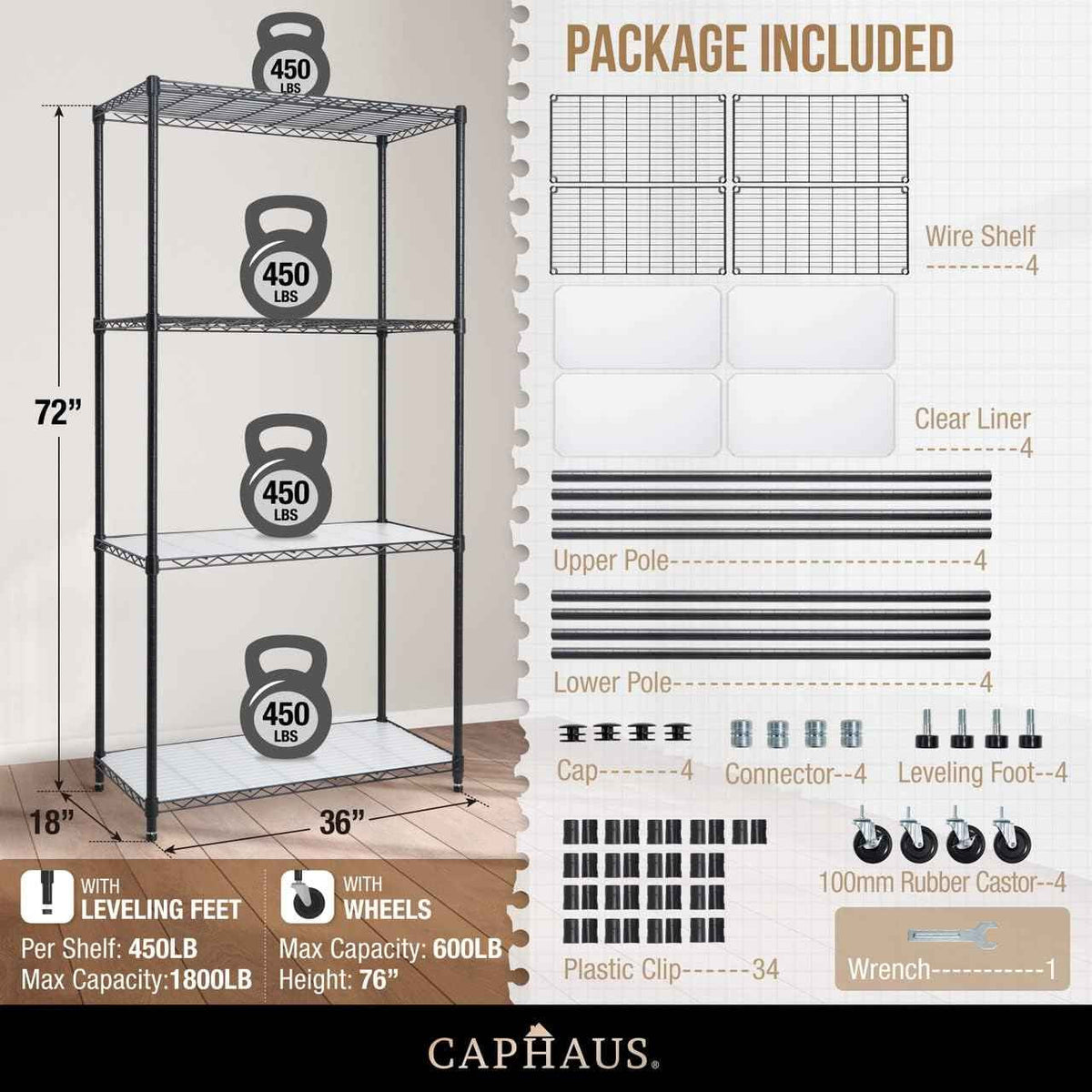 36 x 18 x 76 in. 4-Tier NSF Commercial Grade Heavy Duty Wire Shelving w/ Wheels and Clear Liners