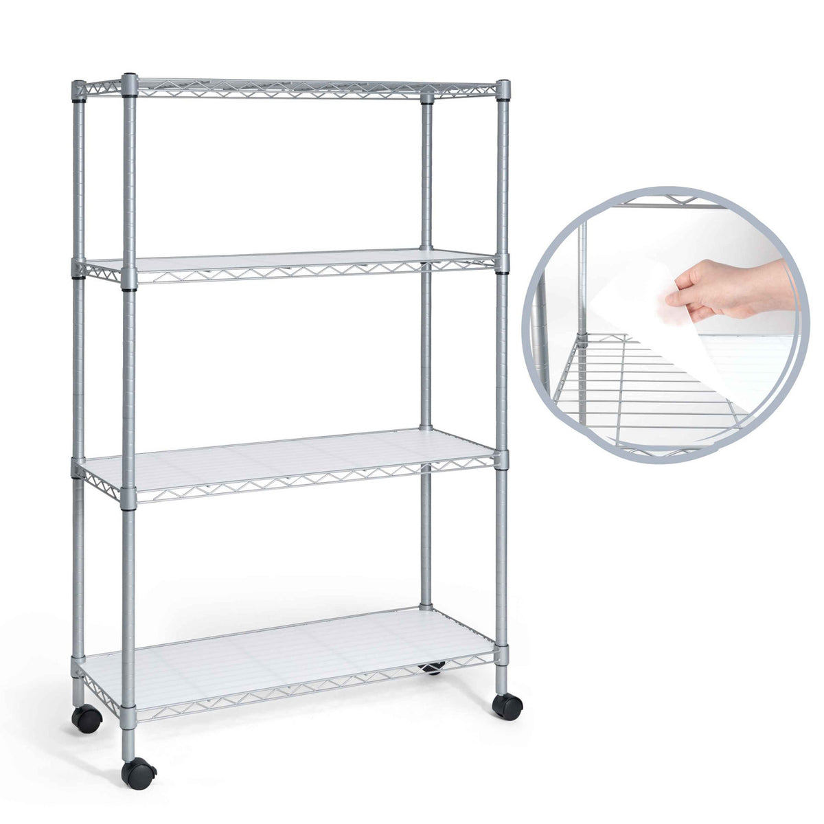 4-Tier w/Wheel NSF Adjustable Shelves Wire Shelving Unit w/Liner, Sliver Grey