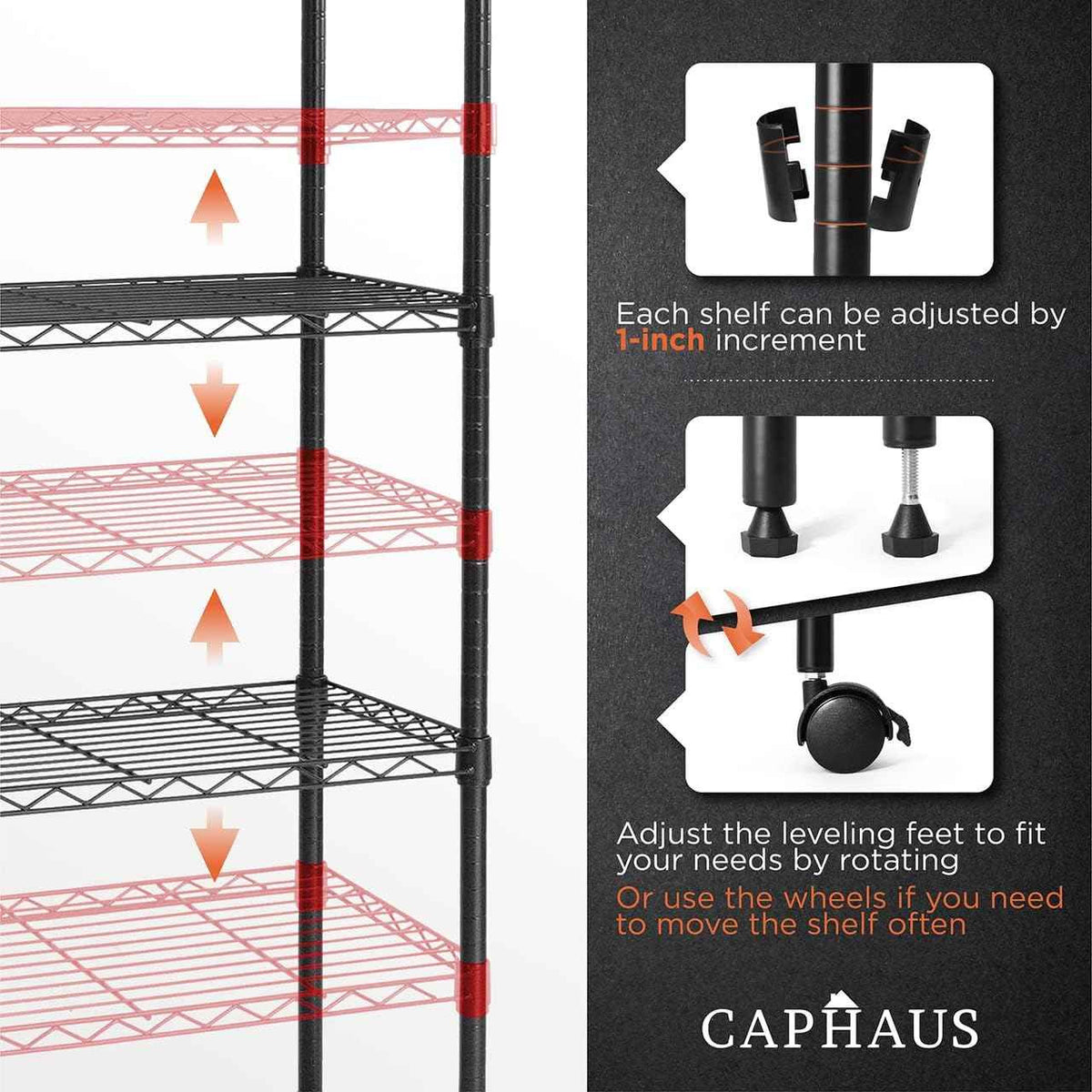 30 x 14 x 60 in. (62”H with wheels) 5-Tier Wire Shelving Unit, Adjustable Height Wire Rack Shelving, with Wheels, Black