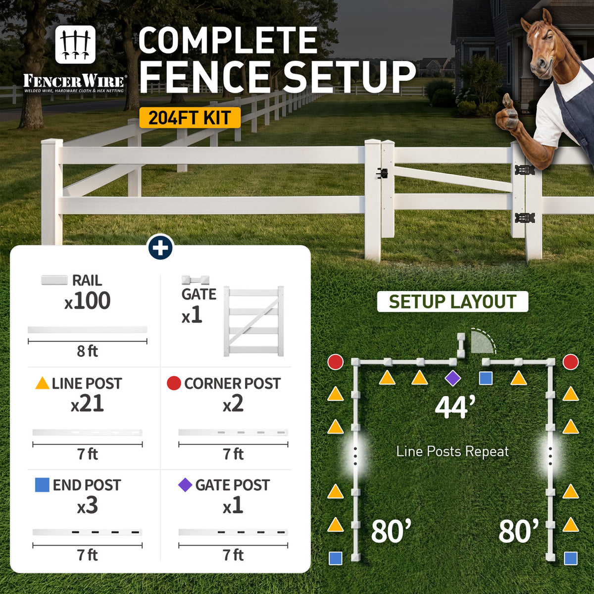 4-Rail Vinyl Ranch Fence Kit with 5ft H x 4ft W Gate, 7ft Posts & 8ft Rails, Multiple Options