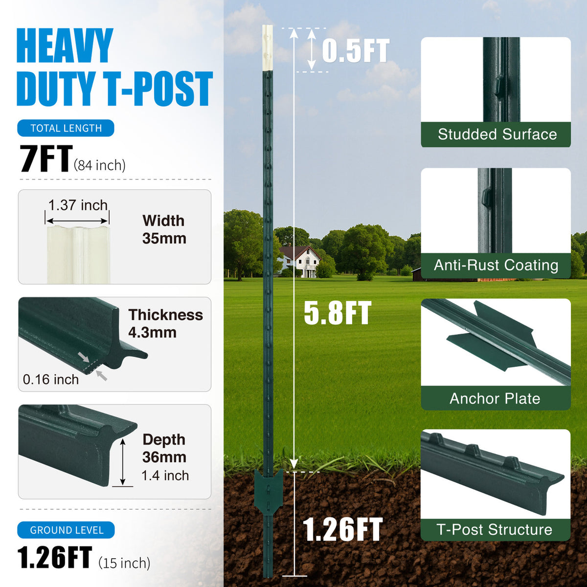 15-Gauge 500 FT Galvanized 4-Point Barbed Wire with 15 pcs 7 ft T-Posts and Gloves