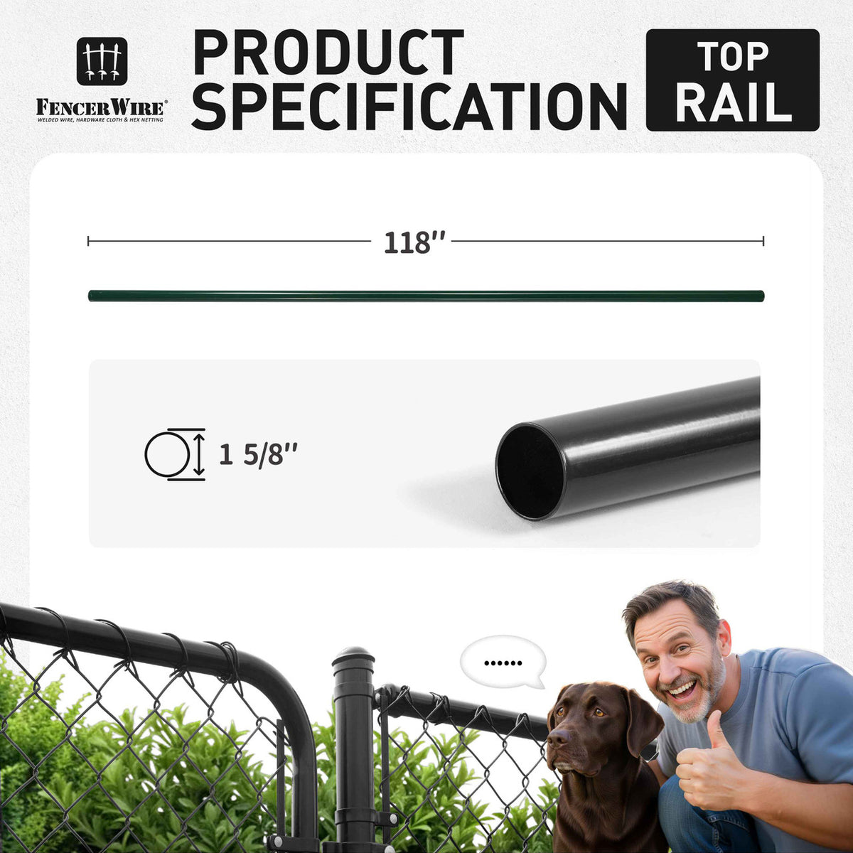 10 FT Dia. 1-5/8" Fencing Top Rail, Black Powder Coated Galvanized Pipe for Chain Link Fence, Multi-options