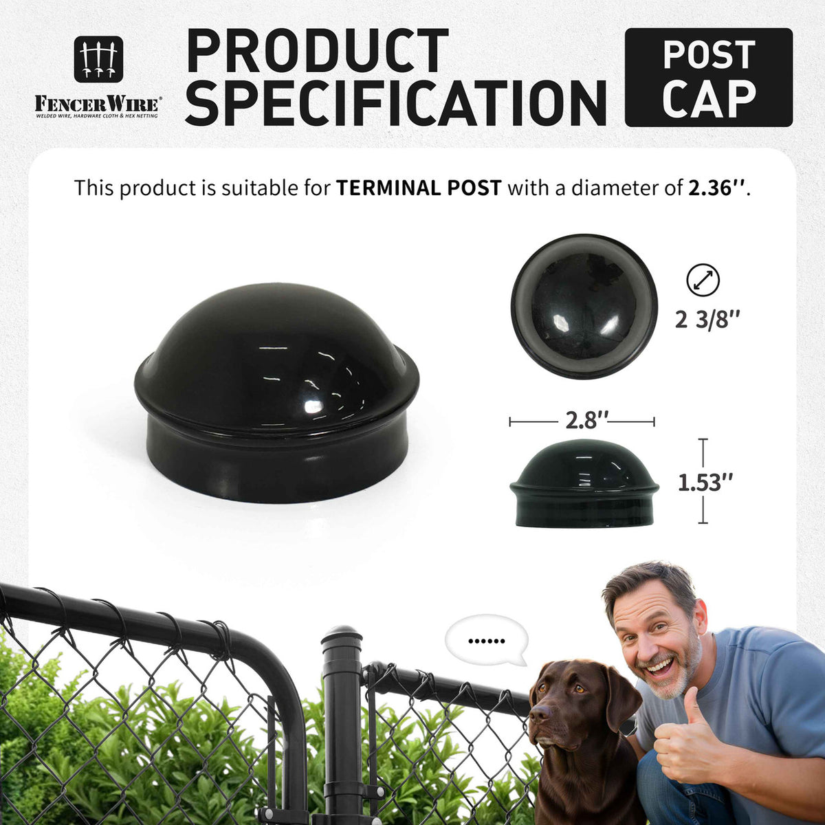 Black 2-3/8" Round Dome External Post Cap, Terminal Post Cap for 2-3/8" Outside Diameter Pipe, Multi-options