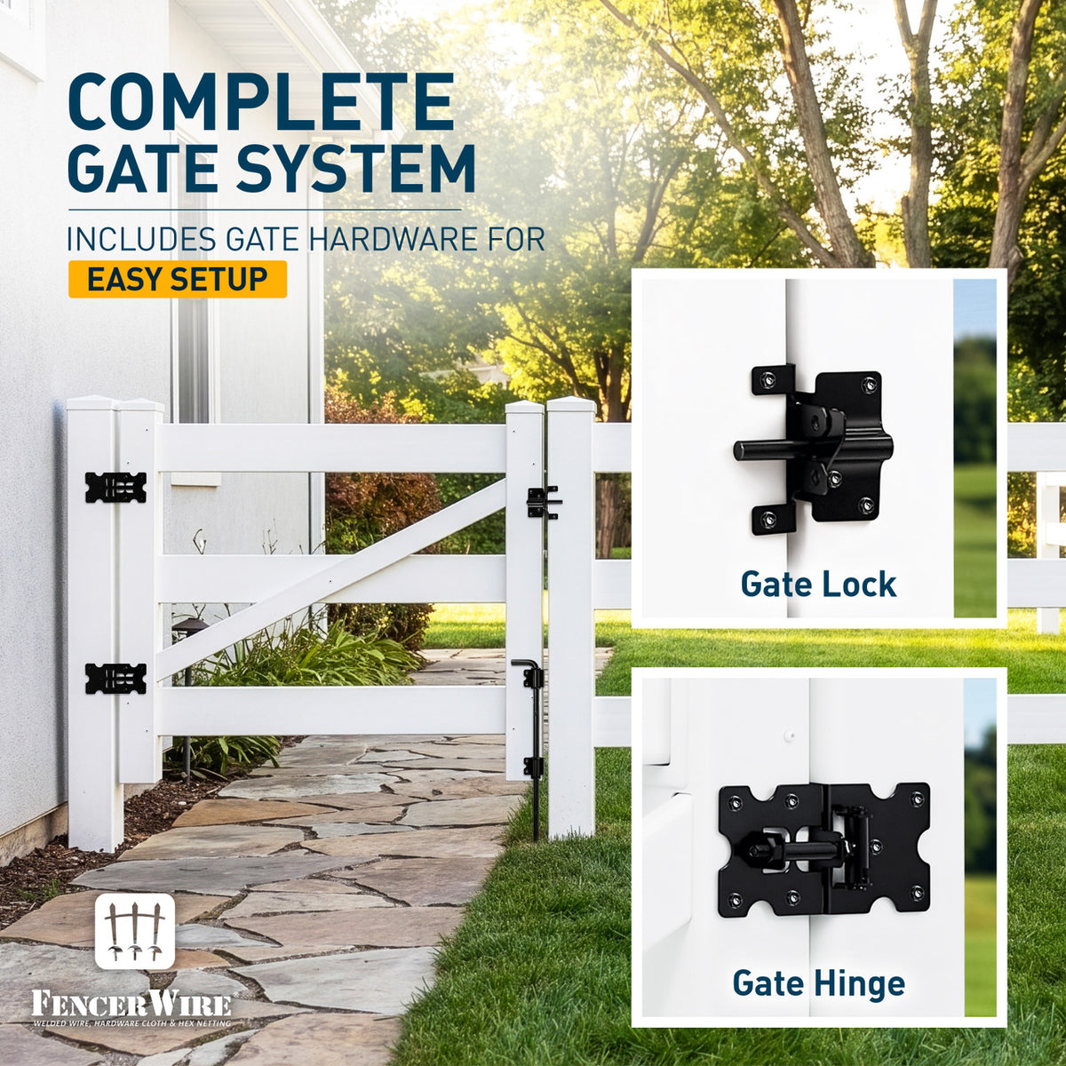 4-Rail Vinyl Ranch Fence Kit with 5ft H x 4ft W Gate, 7ft Posts & 8ft Rails, Multiple Options