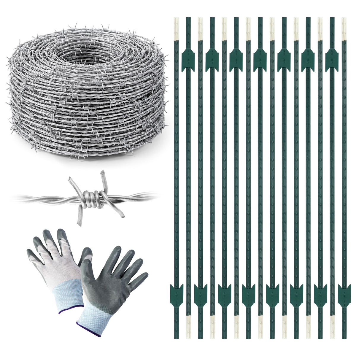 15-Gauge 500 FT Galvanized 4-Point Barbed Wire with 15 pcs 7 ft T-Posts and Gloves