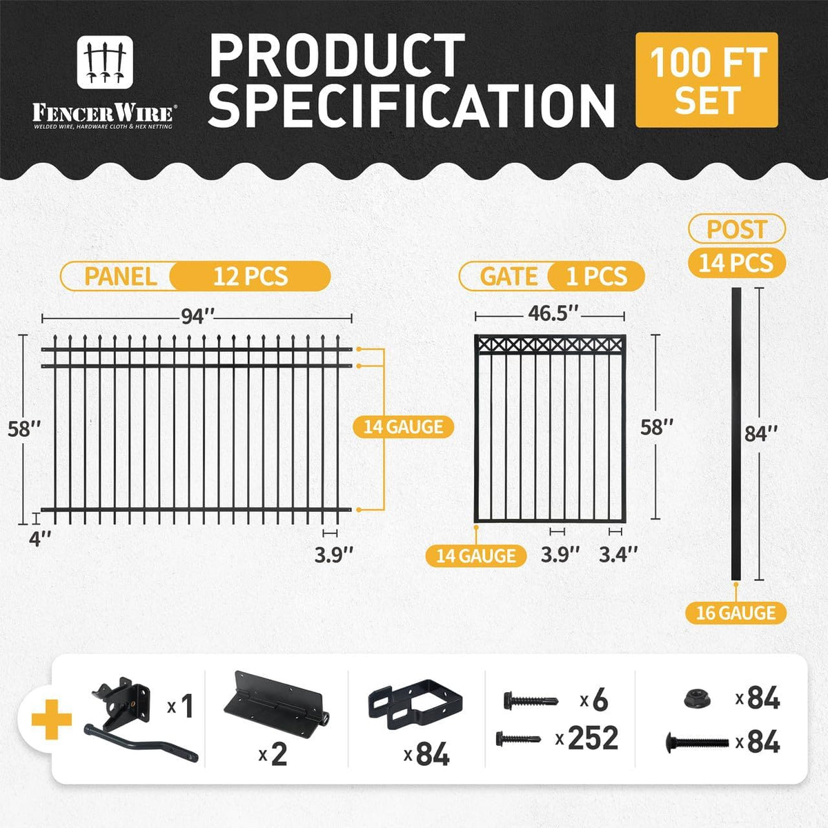 Heavy Duty Pinnacle Fence Barrier Kit with 5FT Height X 8FT Width Panels, Decorative Gate, Posts & Connectors, Multi-options
