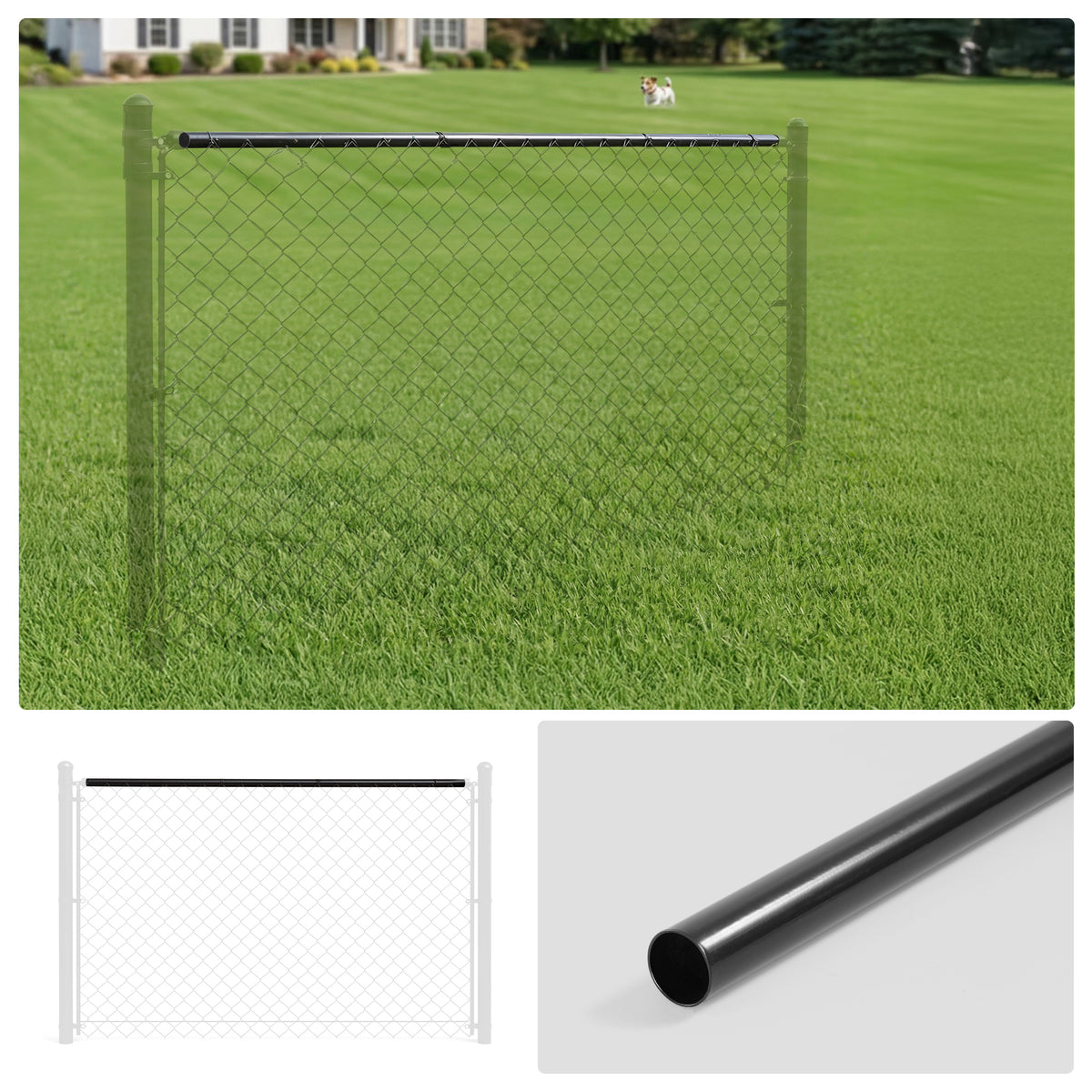 Tubo Superior para Cercas de 10 Pés de Comprimento e 1-5/8" de Diâmetro, Tubo Galvanizado com Pintura Eletrostática Preta para Cerca de Alambrado, Múltiplas Opções