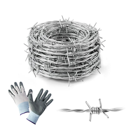 4 Point Barbed Wire with Gloves, 15 Gauge Galvanized Barb Craft Wire for Fencing, Crafts, Critter Deterrent, Yard and Garden