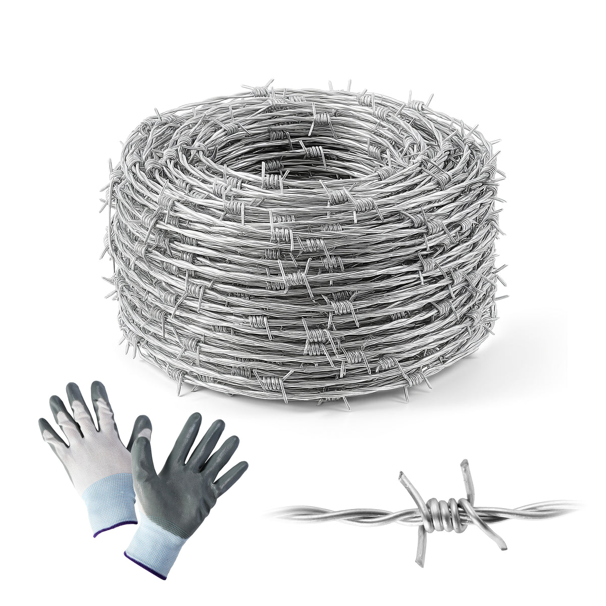 4 Point Barbed Wire with Gloves, 15 Gauge Galvanized Barb Craft Wire for Fencing, Crafts, Critter Deterrent, Yard and Garden