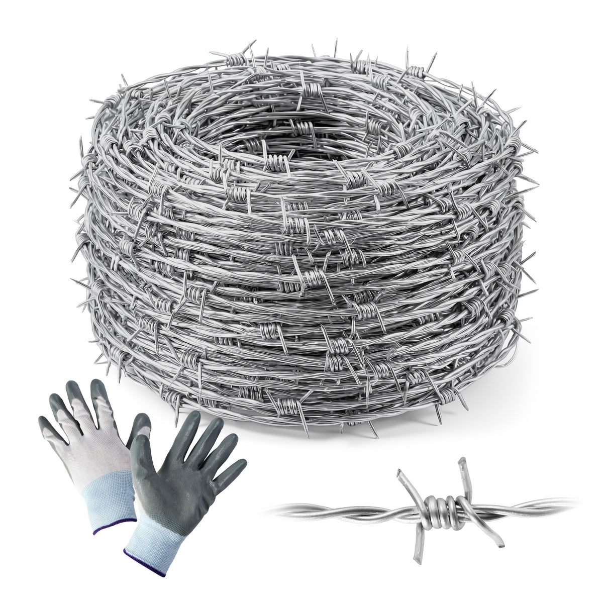 4 Point Barbed Wire with Gloves, 15 Gauge Galvanized Barb Craft Wire for Fencing, Crafts, Critter Deterrent, Yard and Garden