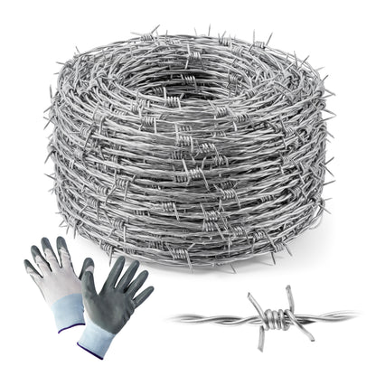 4 Point Barbed Wire with Gloves, 15 Gauge Galvanized Barb Craft Wire for Fencing, Crafts, Critter Deterrent, Yard and Garden