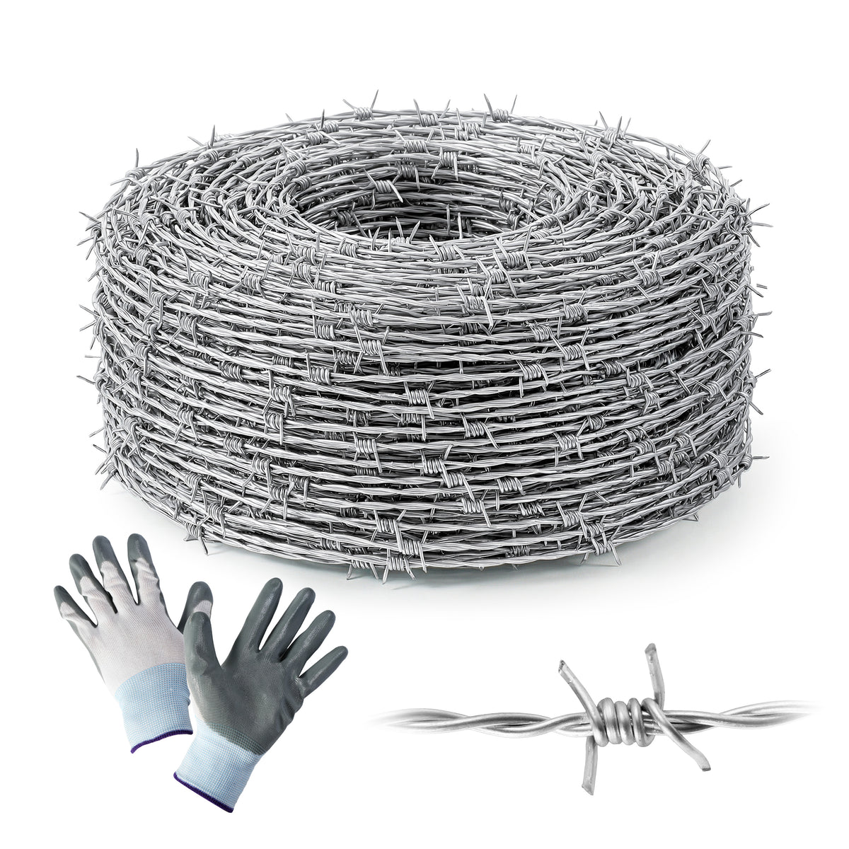 4 Point Barbed Wire with Gloves, 15 Gauge Galvanized Barb Craft Wire for Fencing, Crafts, Critter Deterrent, Yard and Garden