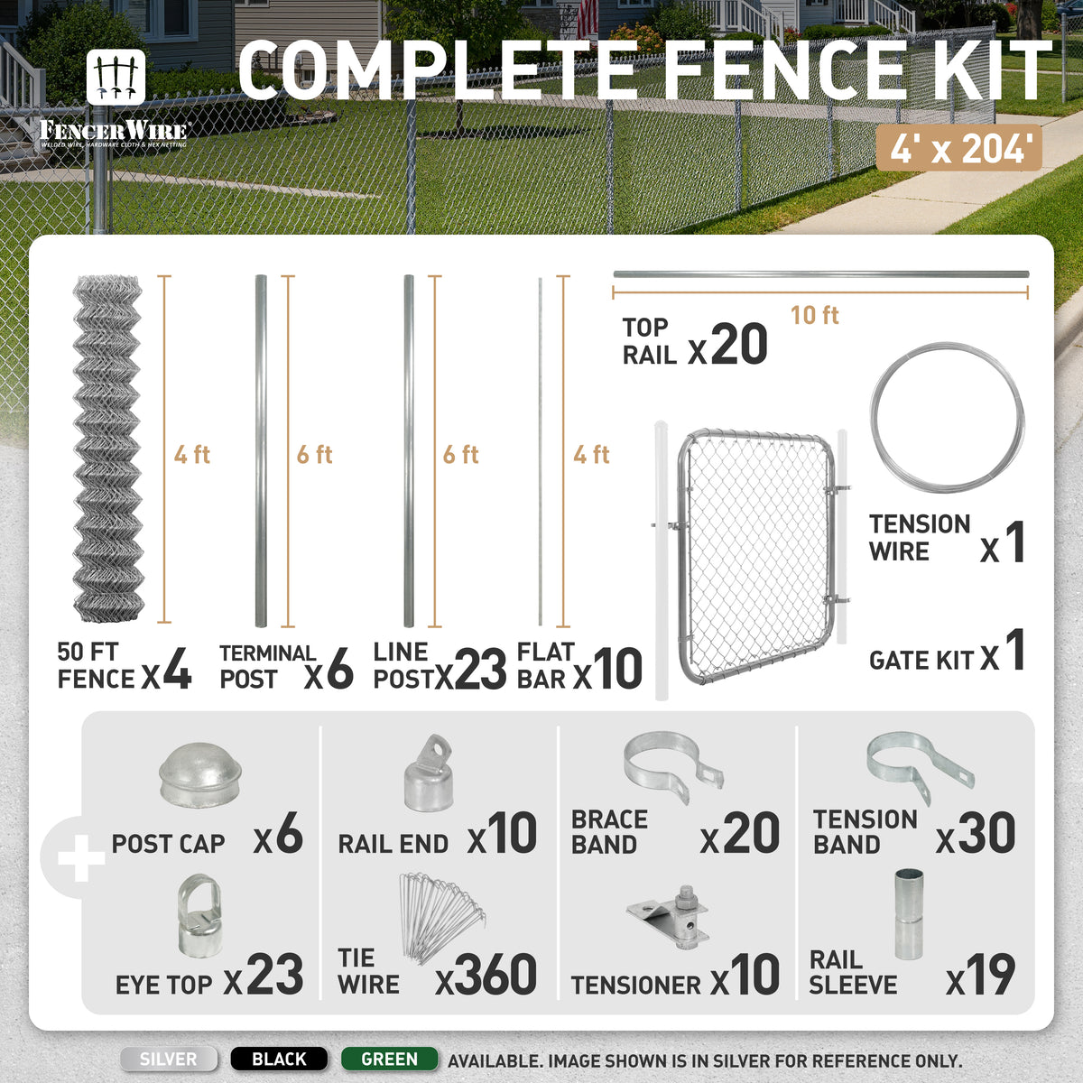 Kit de cerca de malla ciclónica de acero galvanizado de 1.2 m de alto y calibre 11.5 con tela de cerca, puerta, postes, rieles superiores y accesorios, varias opciones