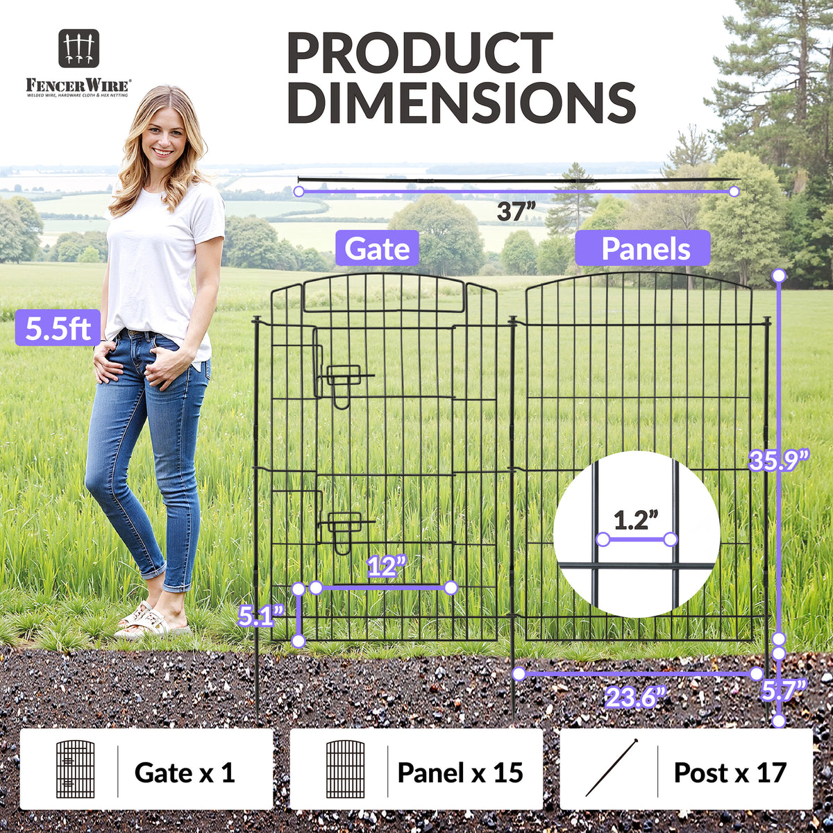 Decorative Garden Fence with Gate, 35.9"H x 23.6"W No Dig Dog Fence Outdoor for Yard Garden Patio