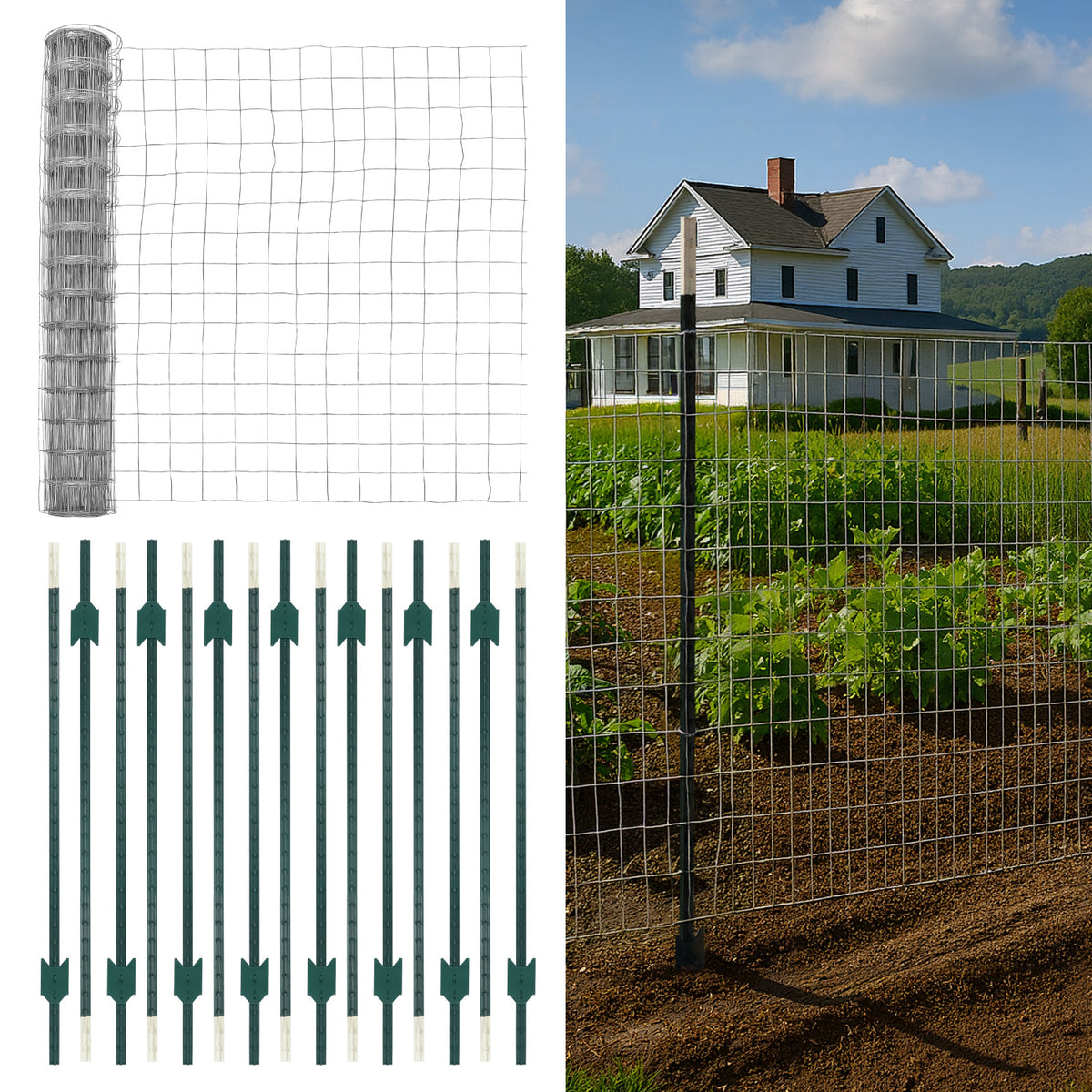 16-Gauge 5 ft. x 100 ft. Galvanized Welded Fence Wire Roll with 15 pcs 7 ft T-Posts, Farm & Garden Fencing Kit