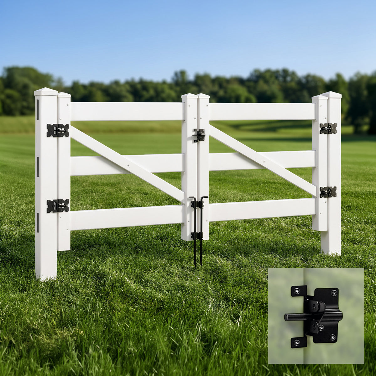 Vinyl Ranch Double Gate Kit with Gate Posts, Hinges, Latch, Hardware & Drop Rods, Multiple Options