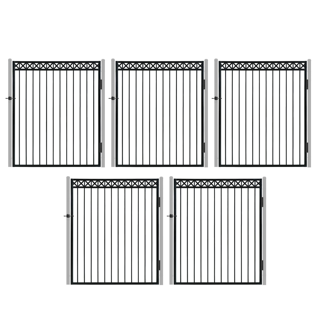 Puerta de verja de 1.83 m de alto x 1.52 m de ancho, de alta resistencia, con parte superior plana, patrón en X, con cierre, varias opciones