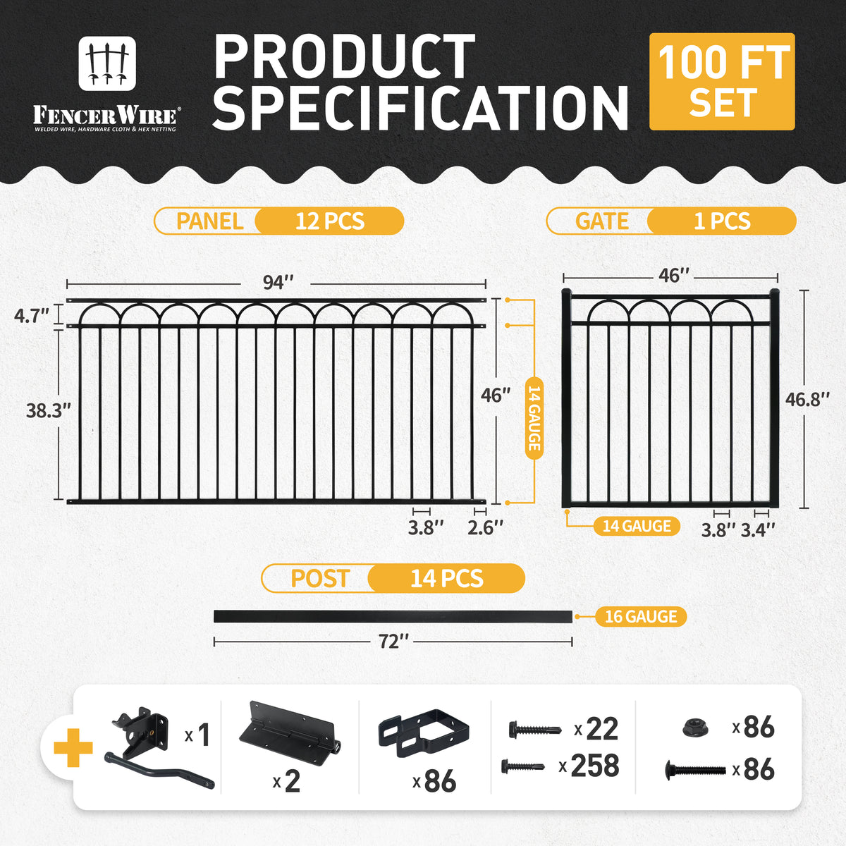 Heavy Duty Arc Fence Barrier Kit with 4FT Height X 8FT Width Panels, Arc Gate, Posts & Connectors, Multi-options