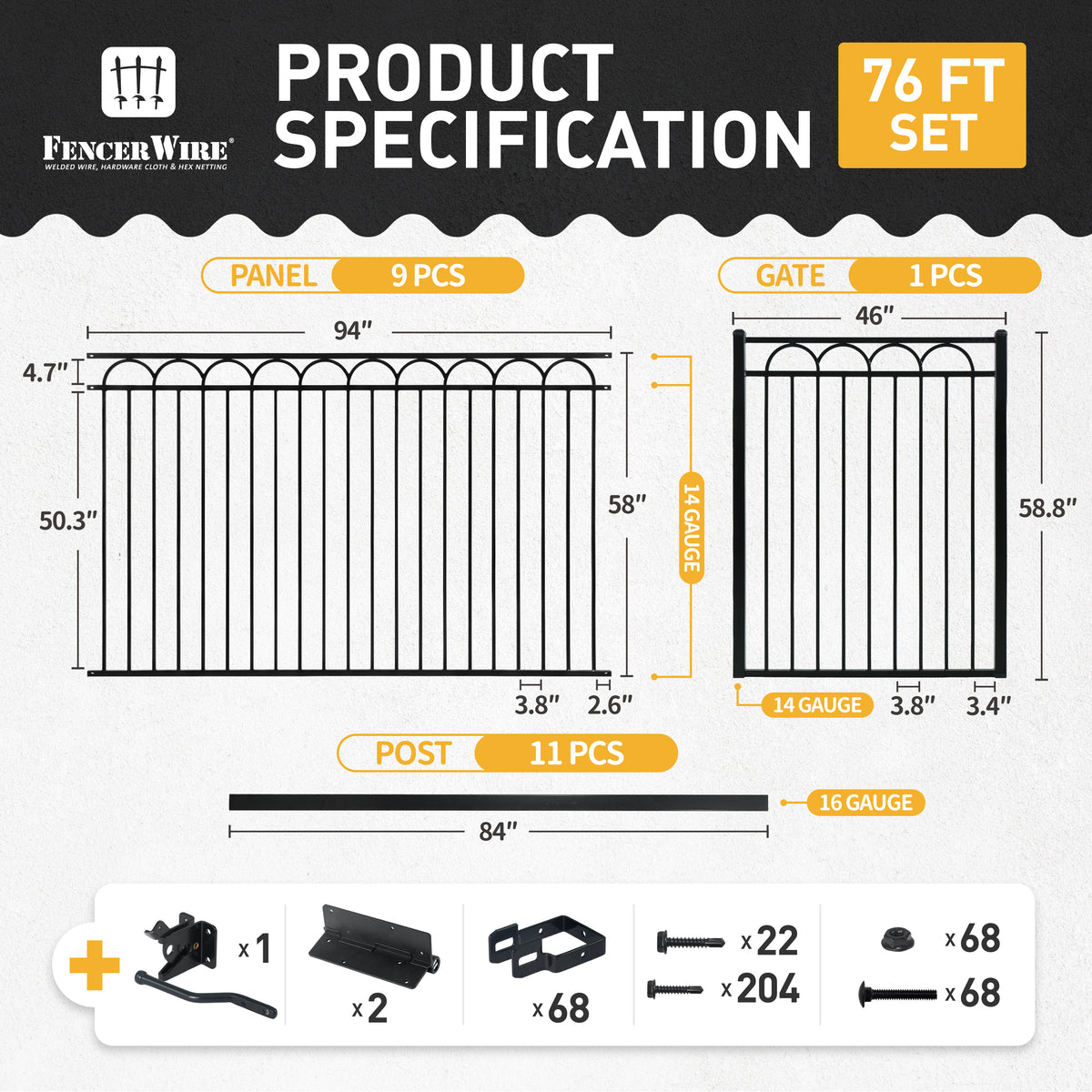 Heavy Duty Arc Fence Barrier Kit with 5FT Height X 8FT Width Panels, Arc Gate, Posts & Connectors, Multi-options