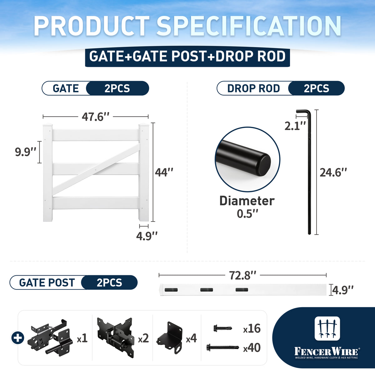 Vinyl Ranch Double Gate Kit with Gate Posts, Hinges, Latch, Hardware & Drop Rods, Multiple Options
