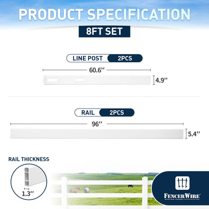 2-Rail Vinyl Ranch Fence Kit with 5ft Posts and 8ft Rails, Multiple Options