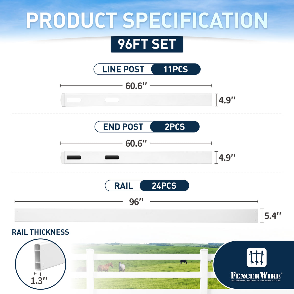 2-Rail Vinyl Ranch Fence Kit with 5ft Posts and 8ft Rails, Multiple Options
