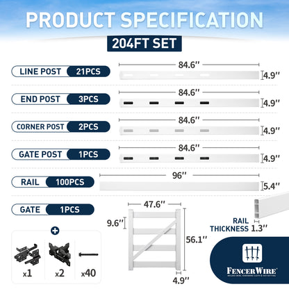 4-Rail Vinyl Ranch Fence Kit with 5ft H x 4ft W Gate, 7ft Posts & 8ft Rails, Multiple Options